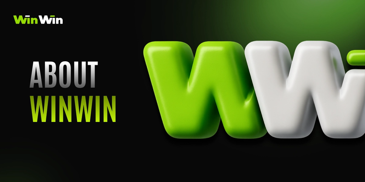 WinWinBet About section image with 3D WinWin logo on dark green background