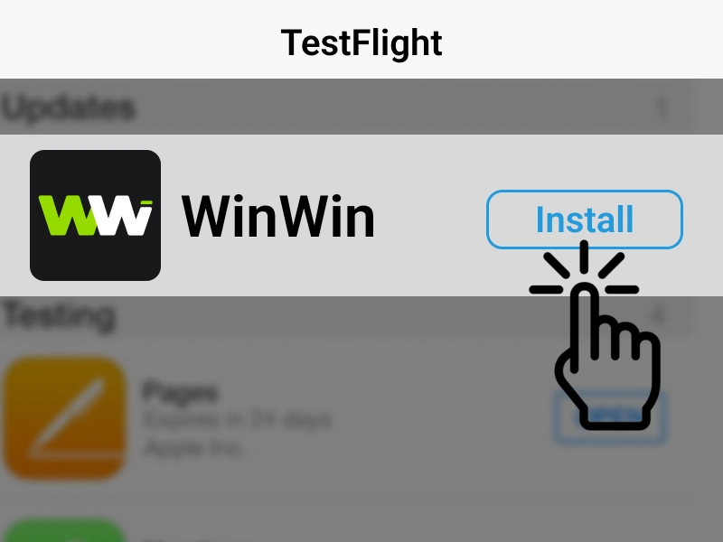 TestFlight interface showing WinWin Bet app with highlighted Install button