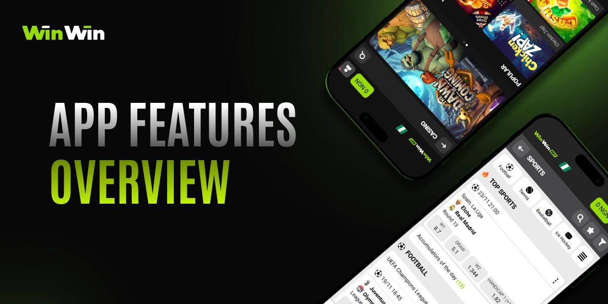 WinWinBet app features overview image with two phones displaying official application screens on dark green background