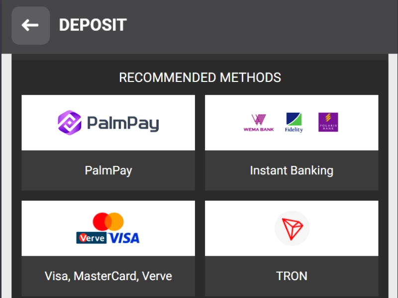 WinWin Bet deposit page with highlighted payment methods and minimum deposit amount field