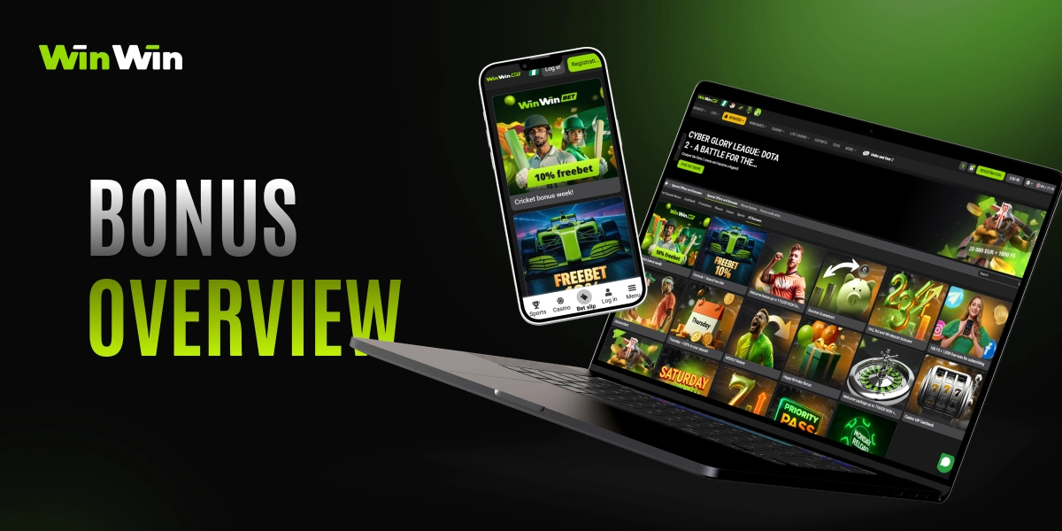 WinWinBet bonus overview image with mobile and laptop screens displaying official bonus page on dark green background
