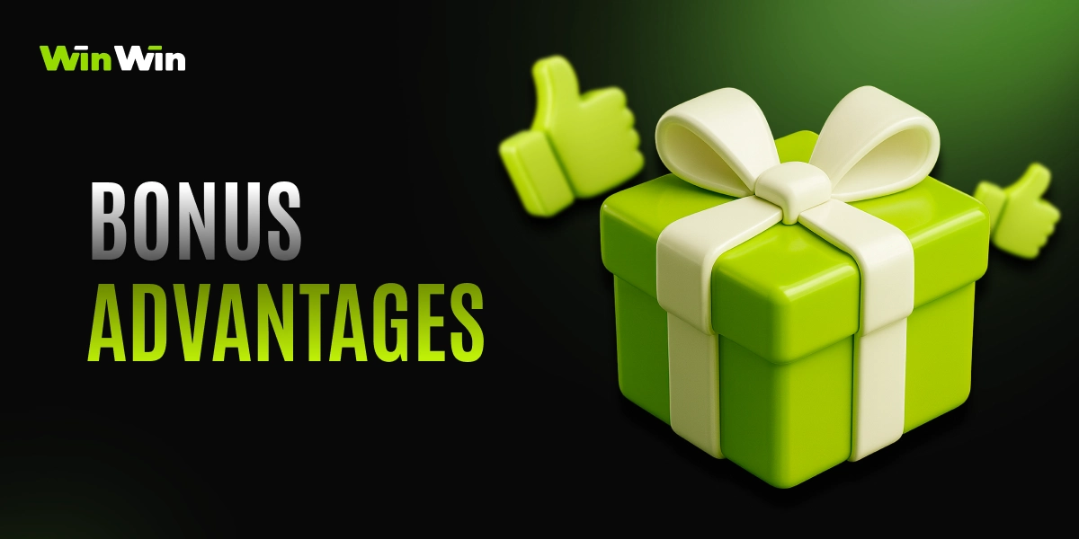 WinWinBet bonus advantages image with 3D gift box and like icons on dark green background