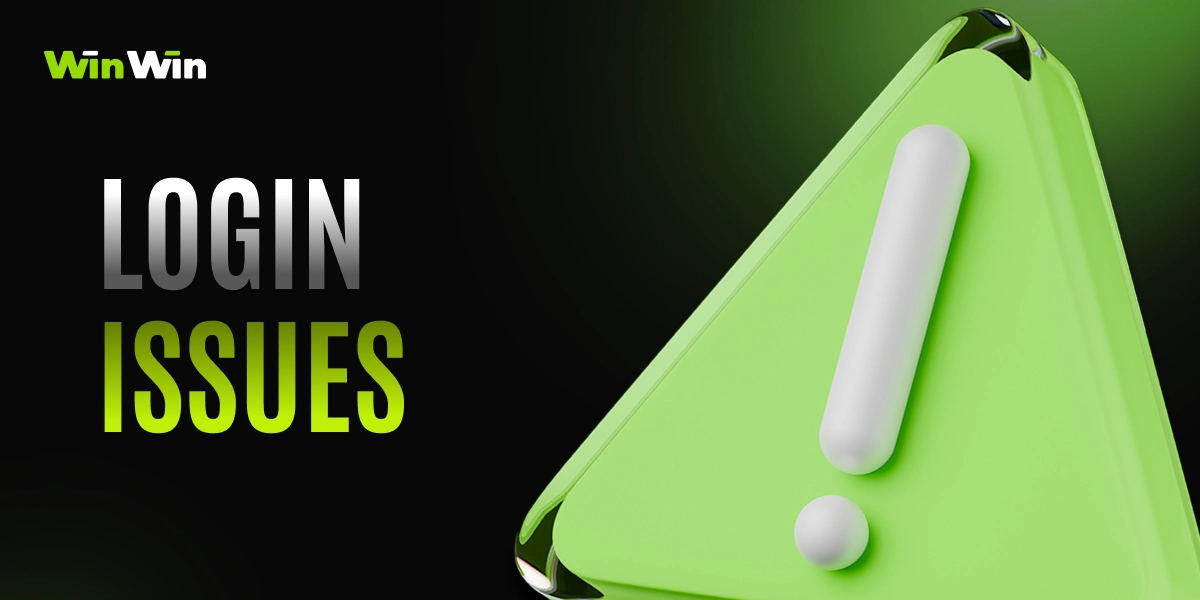 WinWinBet login issues image with 3D warning icon on dark green background