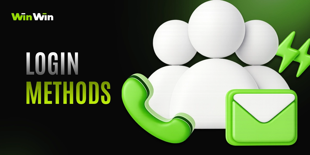 WinWinBet login methods image with 3D icons for social login, email, phone and quick access on dark green background