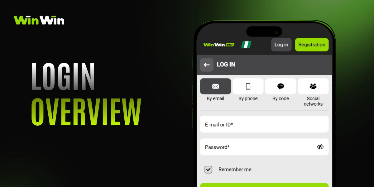 WinWinBet login overview image with smartphone displaying official login page on dark green background