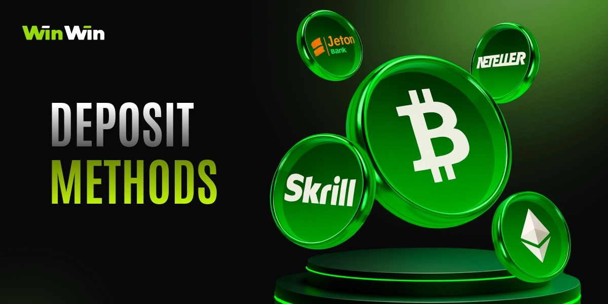 WinWinBet deposit methods image with 3D coins representing eTonBank, Neteller, Skrill, Bitcoin and Ethereum on dark green background