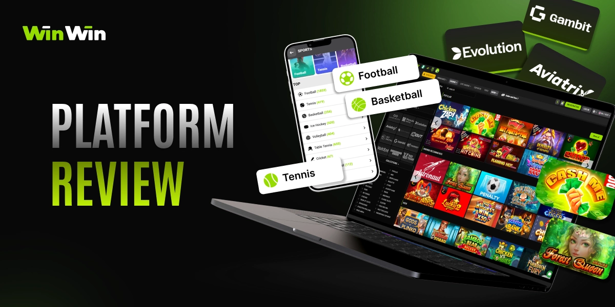 WinWinBet platform review image showing mobile sports betting app and laptop with casino games on dark green background