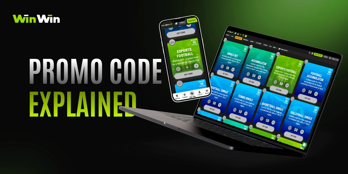 WinWinBet promo code explained image showing mobile and laptop screens with official promo code page on dark green background