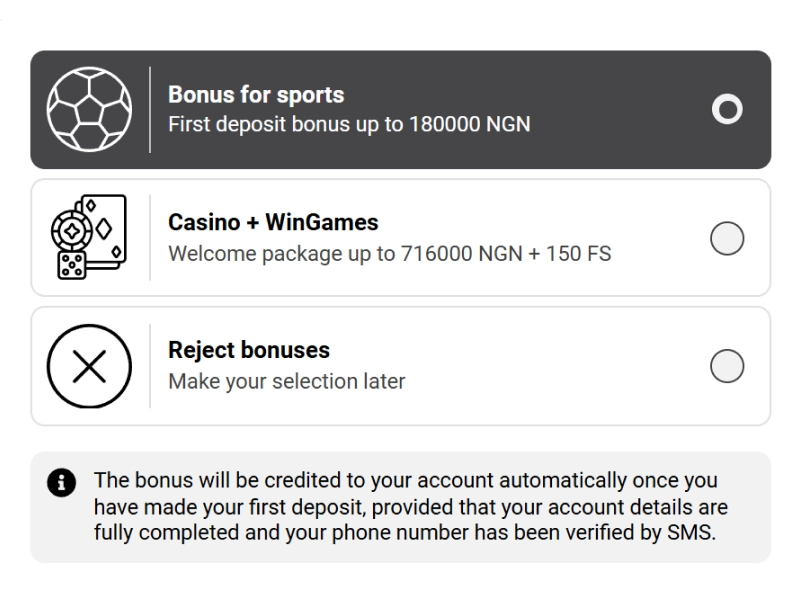 WinWin Nigeria welcome bonus selection screen with sports bonus and casino bonus options highlighted