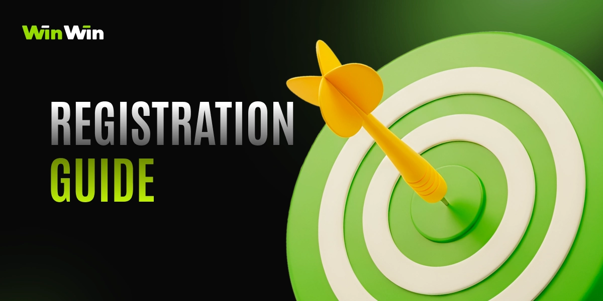 WinWinBet registration guide image with 3D target icon on dark green background