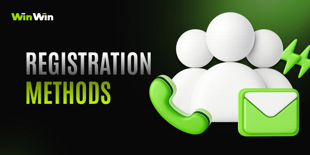 WinWinBet registration methods image with 3D icons for social signup, email, phone and quick registration on dark green background