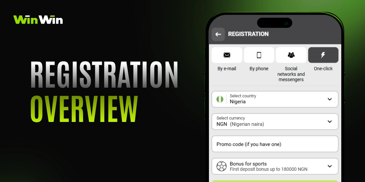 WinWinBet registration process image with smartphone displaying official sign-up page on dark green background