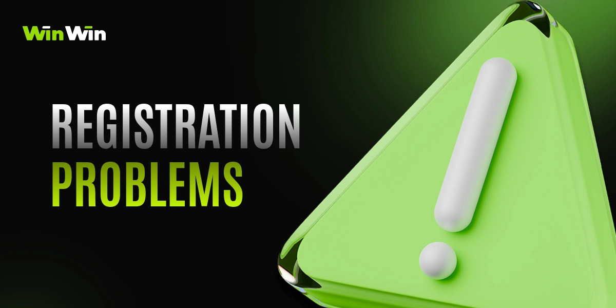 WinWinBet registration problems image with 3D warning icon on dark green background