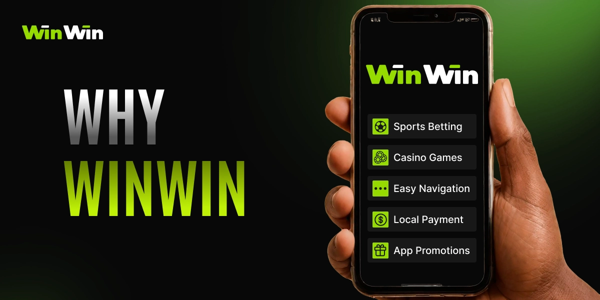 WinWinBet advantages image with phone in hand displaying platform benefits on dark green background
