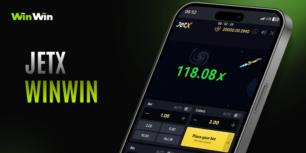 WinWin JetX card showing smartphone screen with 118.08x multiplier, betting controls, and text JetX WinWin