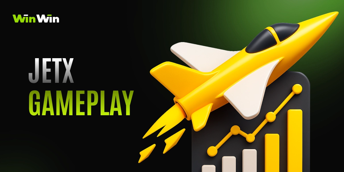 WinWin JetX gameplay card with yellow jet icon, rising chart bars, and text JetX Gameplay on dark background