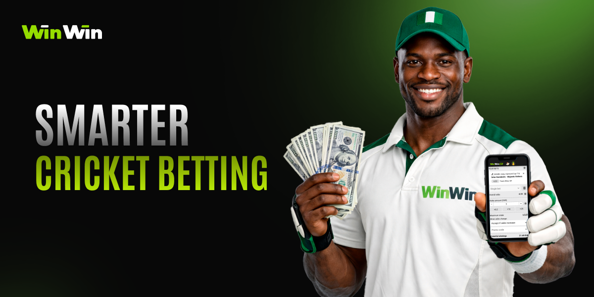 Smiling man holding cash and smartphone with WinWin cricket betting app