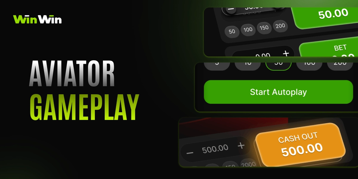 WinWin Aviator gameplay card with betting interface, Start Autoplay button, cash out button, and Aviator Gameplay text