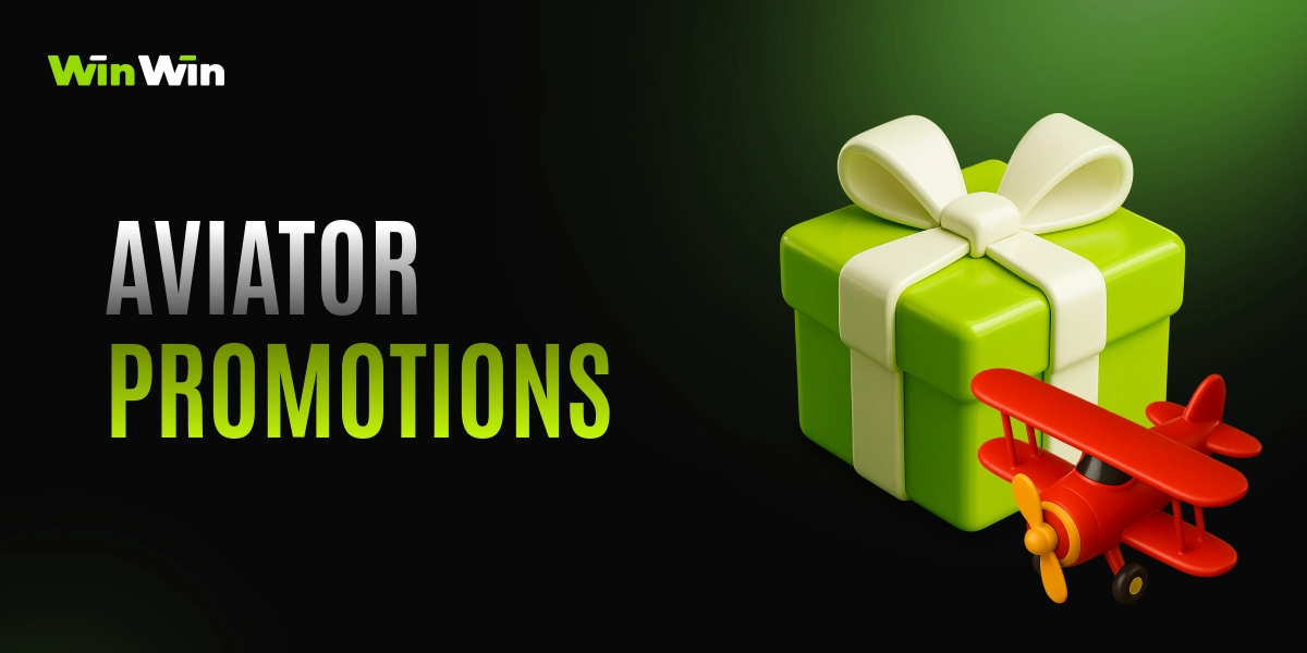 WinWin Aviator promotions card with green gift box icon, red ribbon, and text Aviator Promotions on dark background