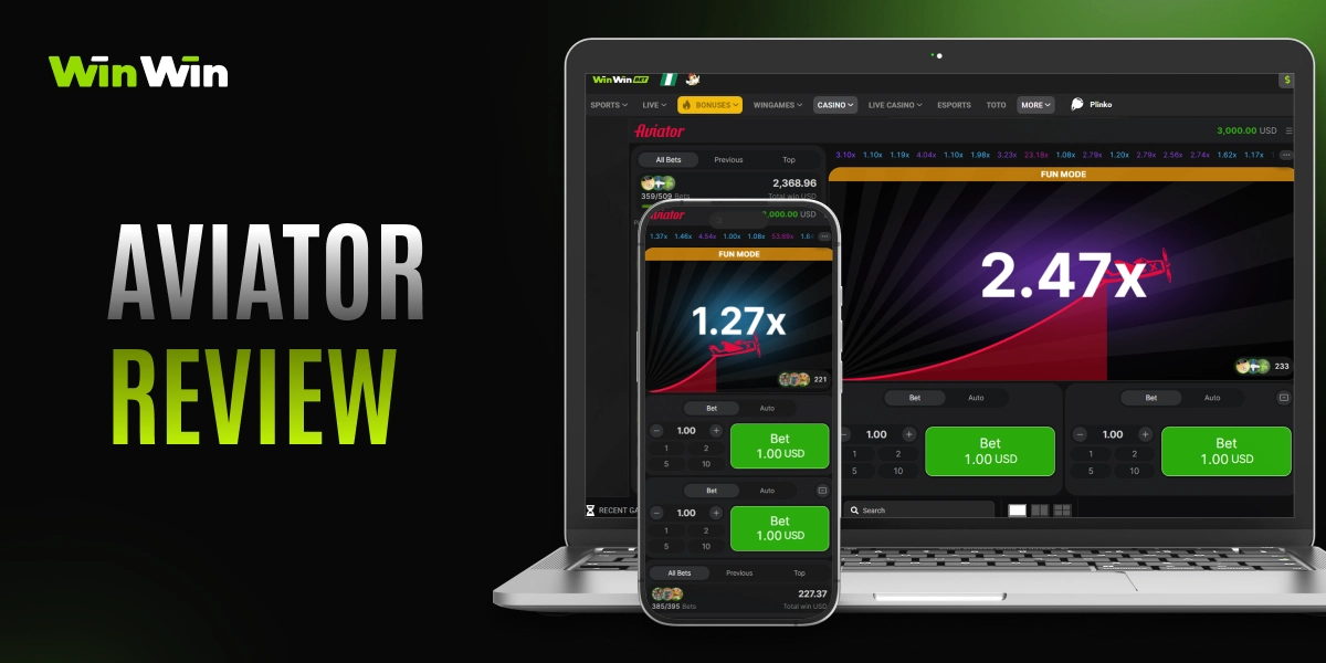 WinWin Aviator review card with laptop and phone showing multiplier graphs, green buttons, and text Aviator Review on dark background