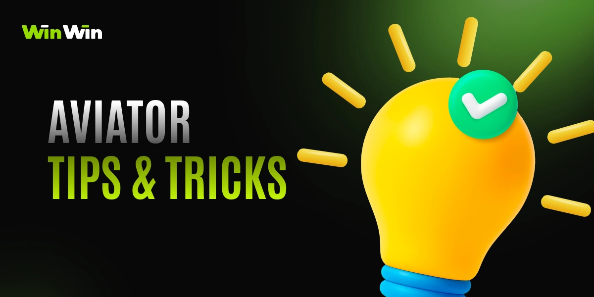 WinWin Aviator tips and tricks card with yellow light bulb icon, green check mark, and text Aviator Tips & Tricks
