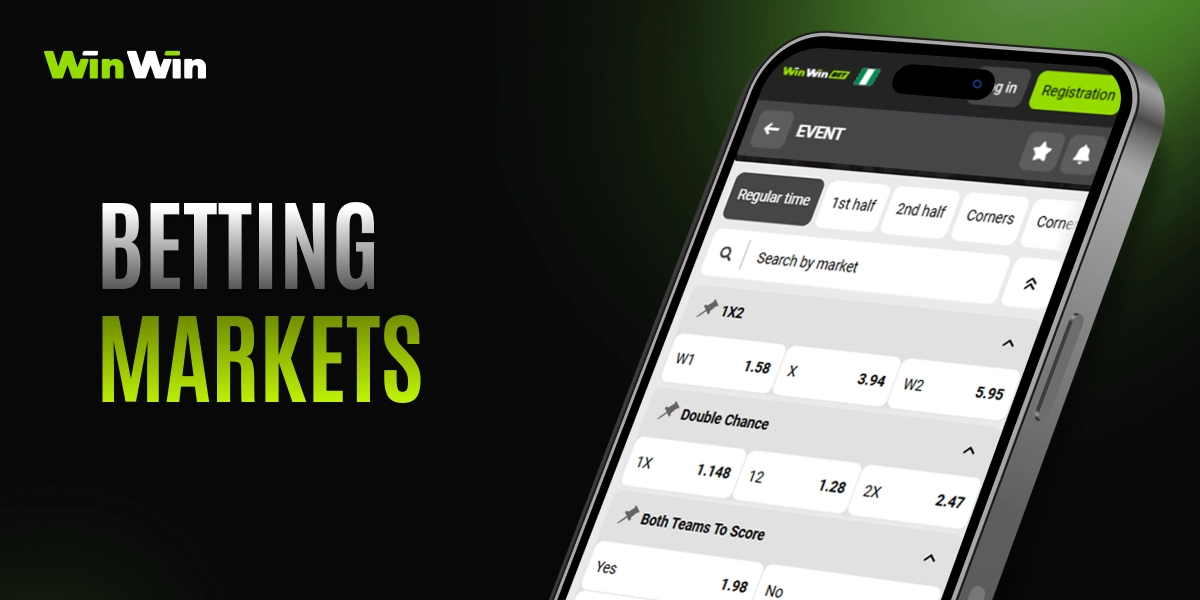 WinWin betting markets card with smartphone showing betting list interface and text Betting Markets on dark background