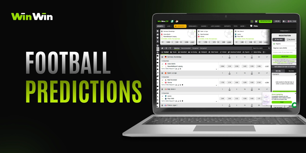 WinWin football predictions card with laptop displaying match tables, odds columns, and text Football Predictions