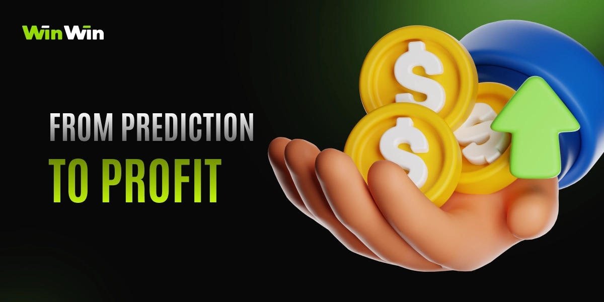 WinWin from prediction to profit card with hands holding coins and arrows icon, dollar symbol, and text From Prediction to Profit
