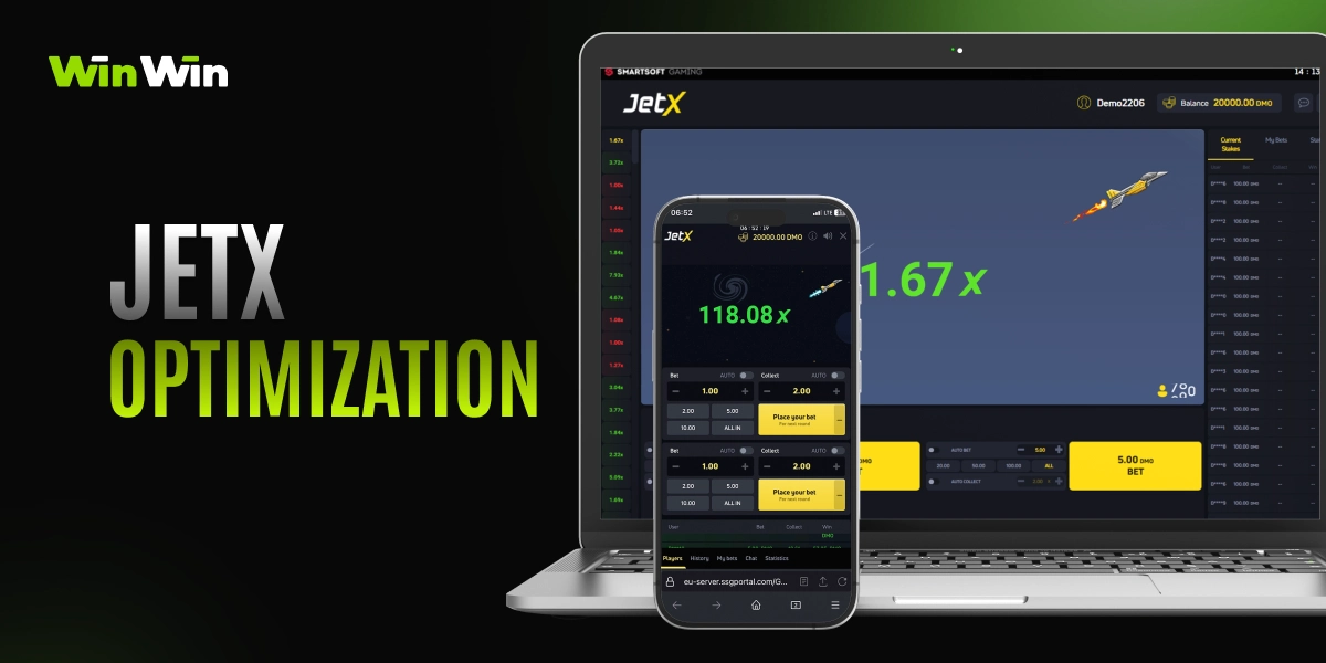 WinWin JetX optimization card with laptop and phone showing JetX interface, multiplier chart, and text JetX Optimization