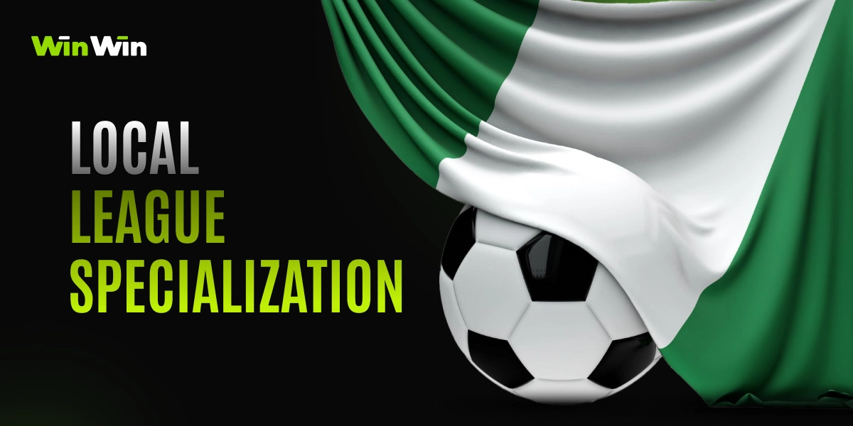 WinWin local league specialization card with soccer ball, green white flag fabric, and text Local League Specialization