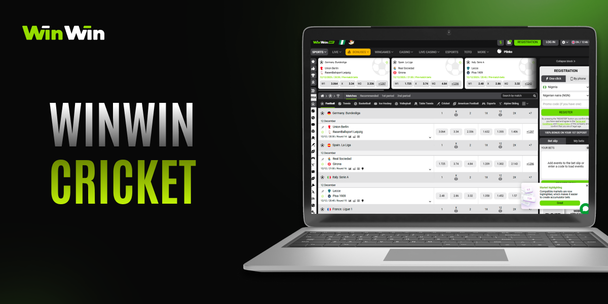 WinWin cricket betting platform interface displayed on laptop screen